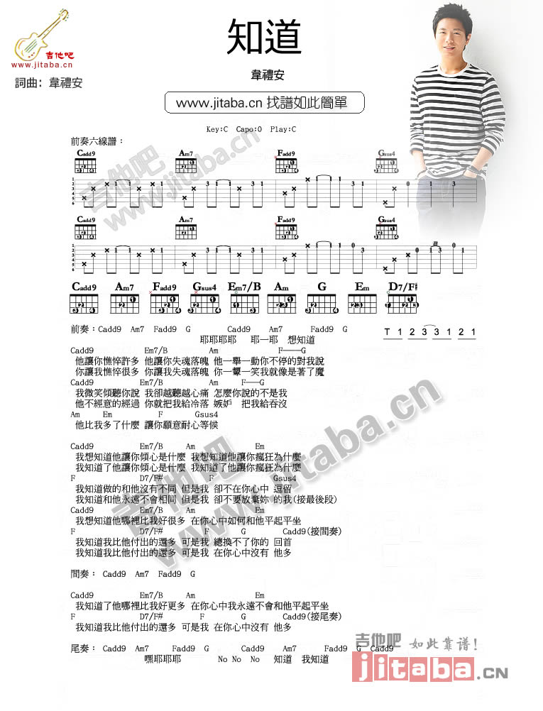 知道吉他谱 C调简单版_吉他吧编配_韦礼安