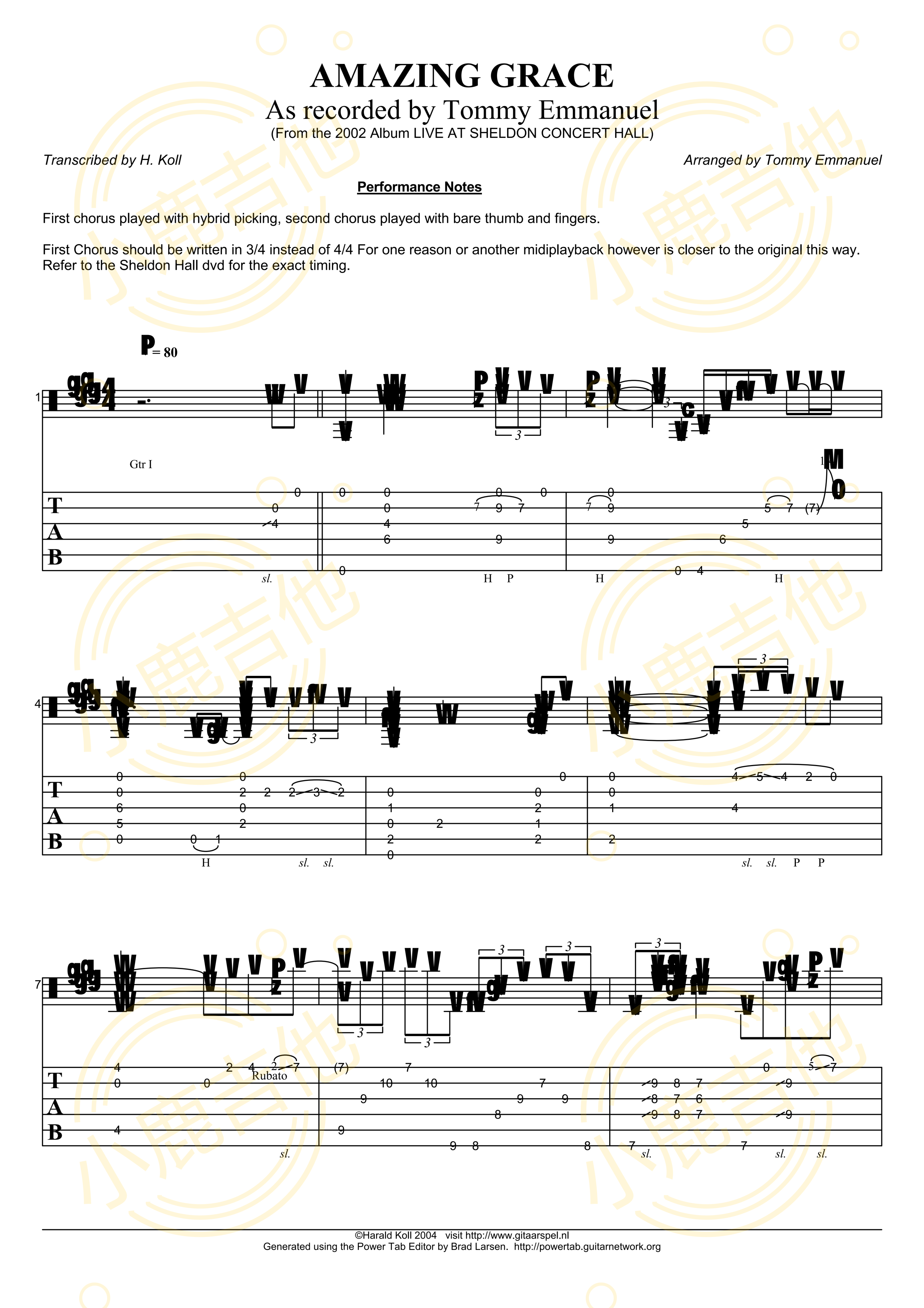 Tommy EmmanuelAmazing Grace吉他谱（小鹿吉他）