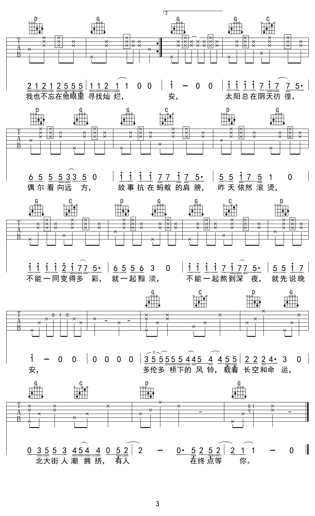 如人饮水吉他谱 G调六线谱_小为音乐教室编配_姜铭扬