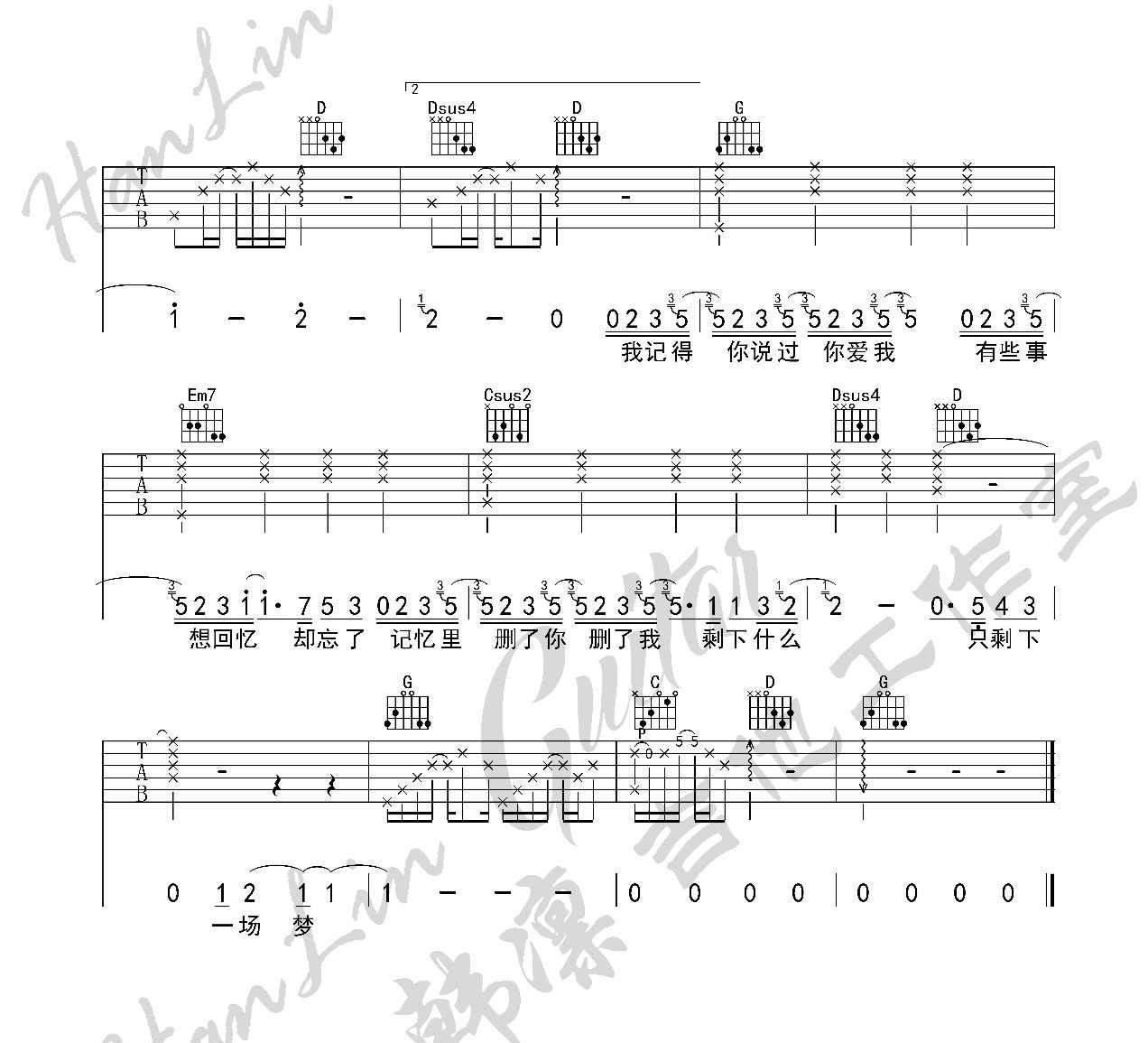 原谅我吉他谱 G调附前奏_韩凛吉他工作室编配_刘德华