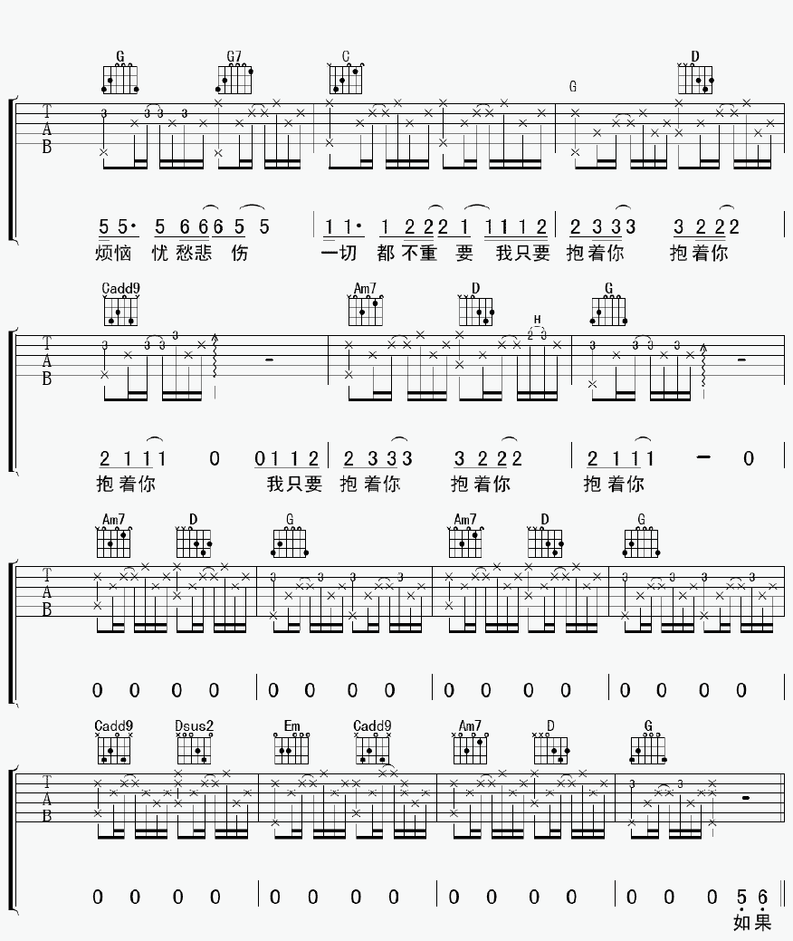 抱着你吉他谱 F调精选版_彼岸吉他编配_张震岳