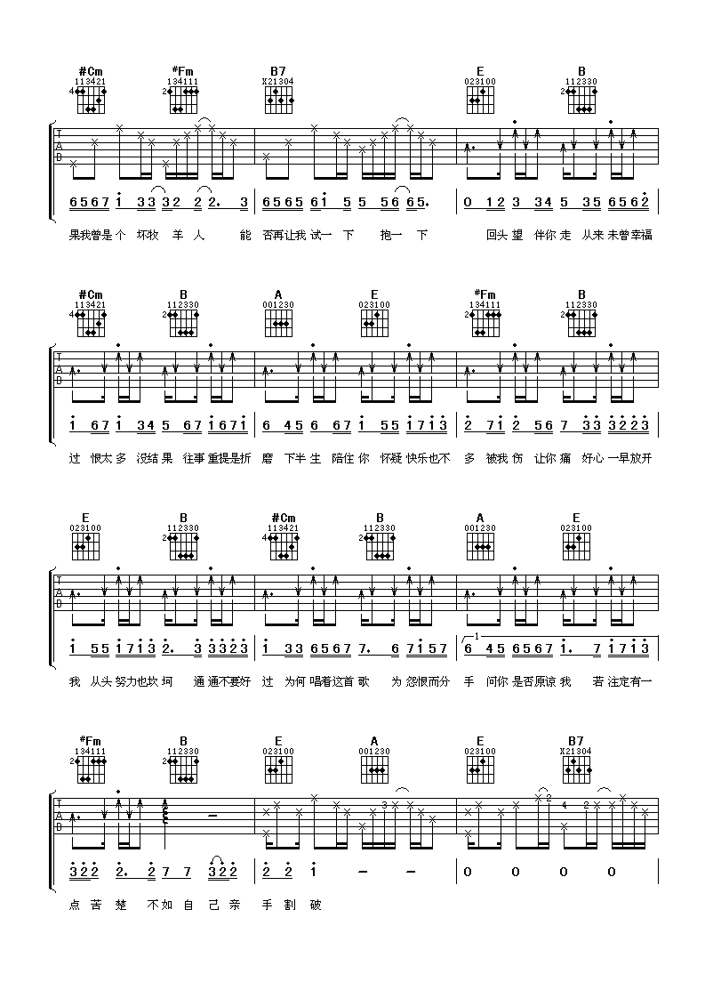 好心分手吉他谱 E调六线谱_阿潘音乐工场编配_王力宏