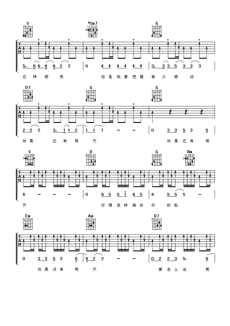 如果还有明天吉他谱 C调六线谱_阿潘音乐工场编配_信乐团