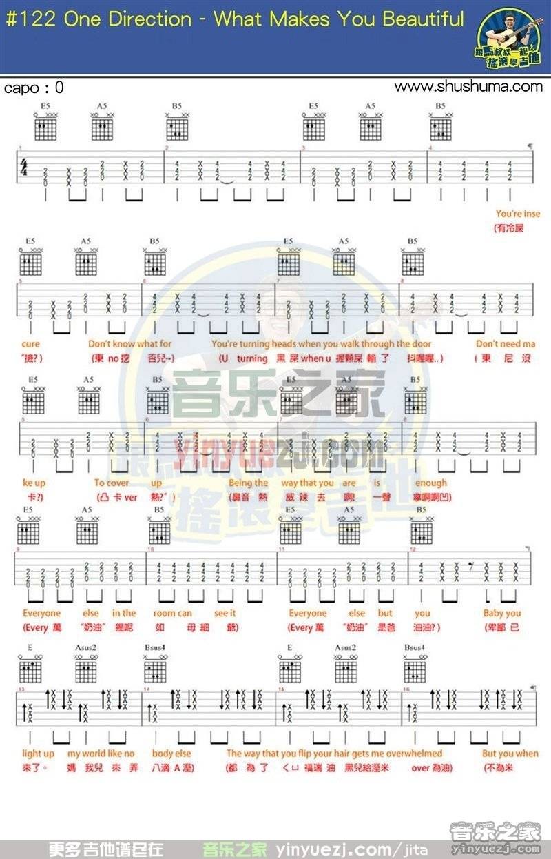 What Makes You Beautiful吉他谱 E调_音乐之家编配_One Direction