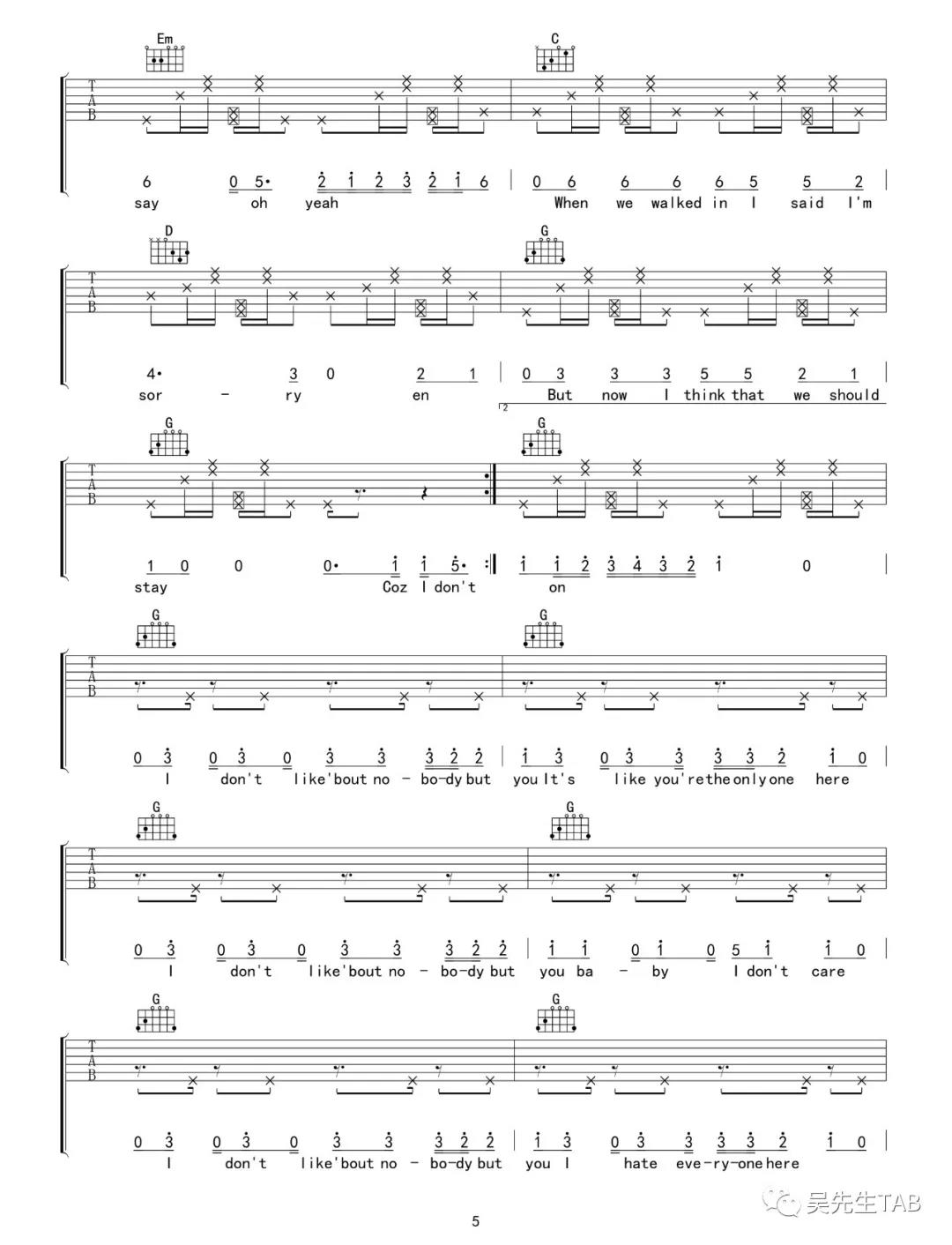 I Don't Care吉他谱 G调_吴先生编配_比伯