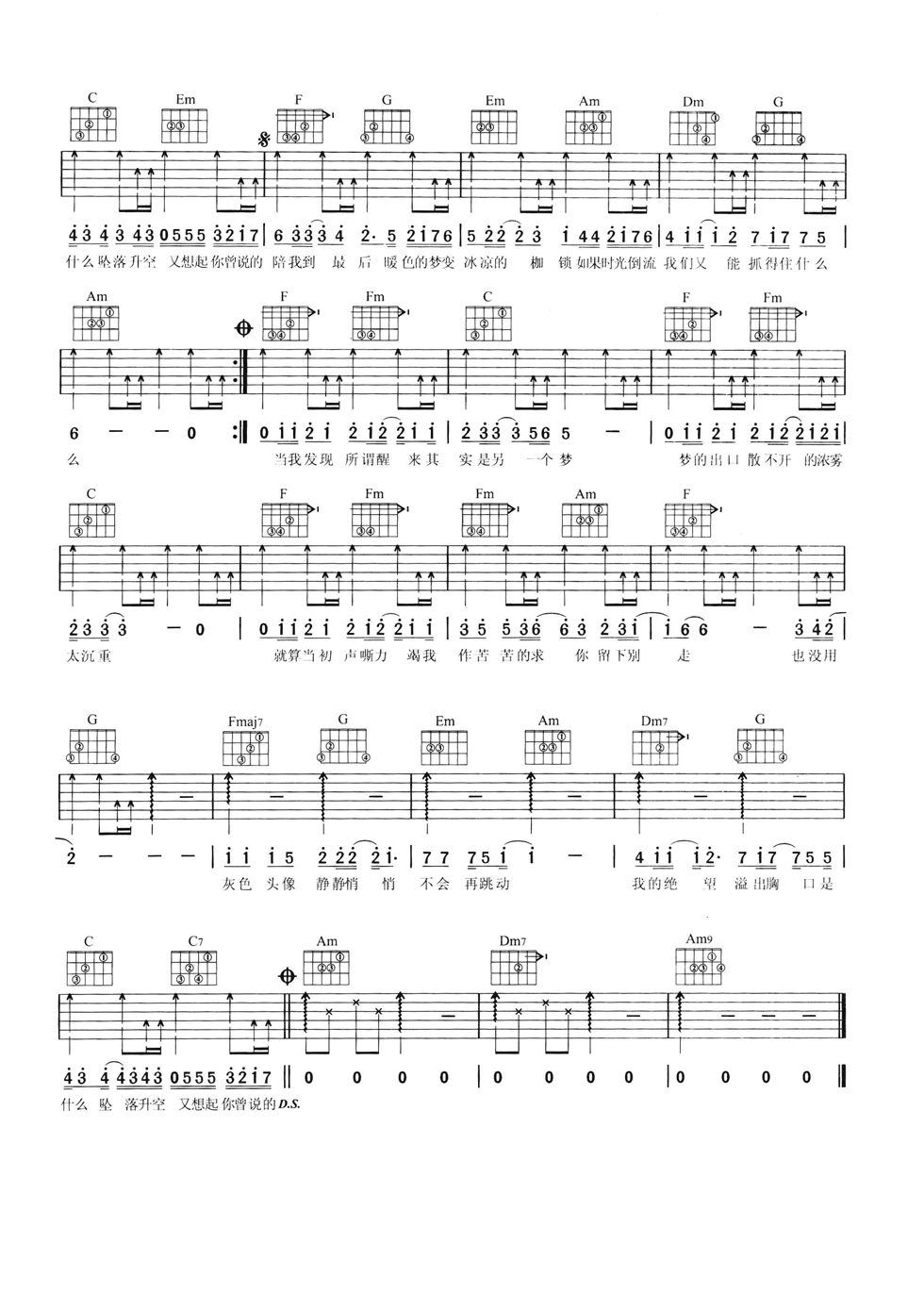 灰色头像吉他谱 C调六线谱_简单版_许嵩