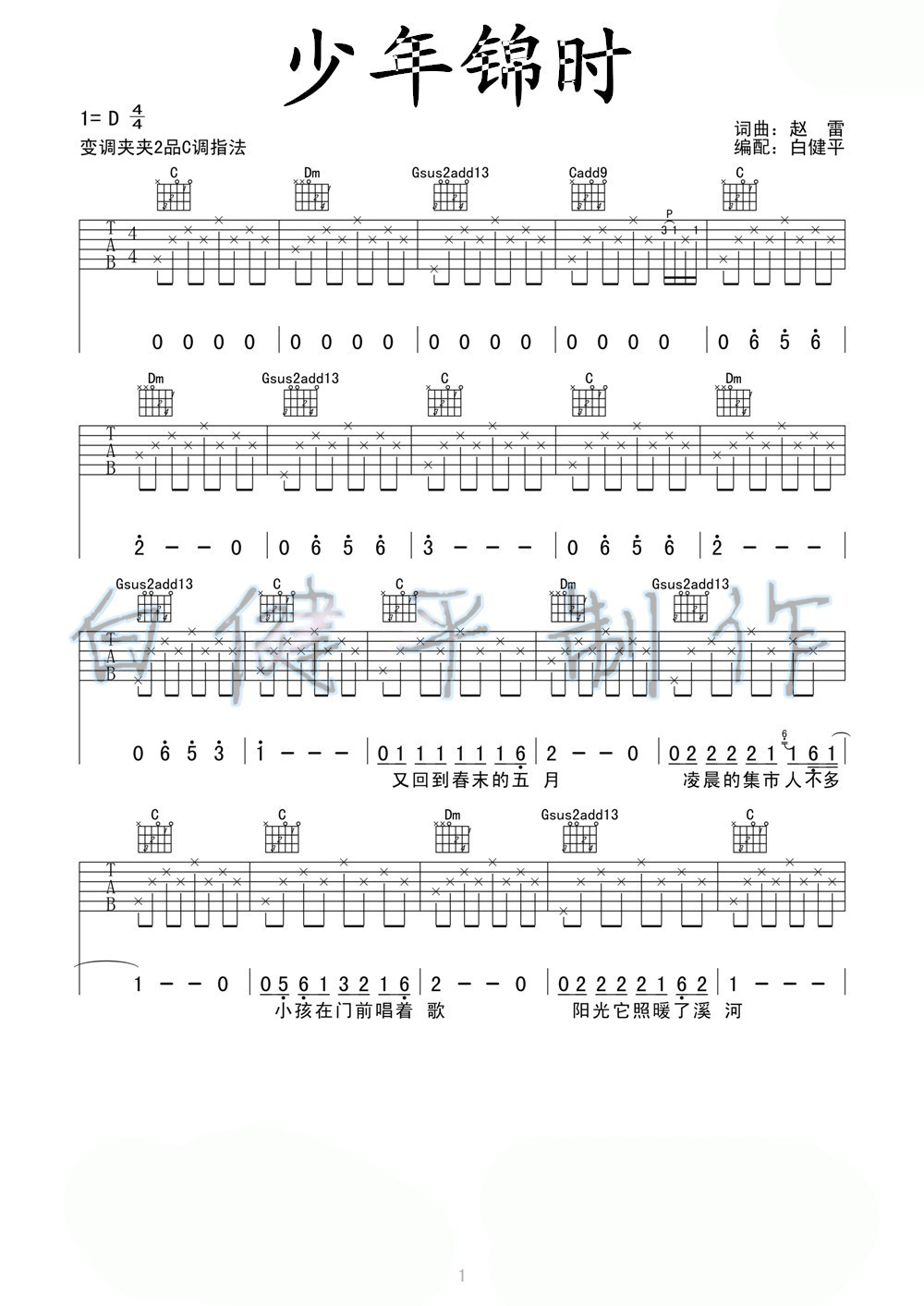少年锦时吉他谱 D调_白健平编配_张鑫鑫