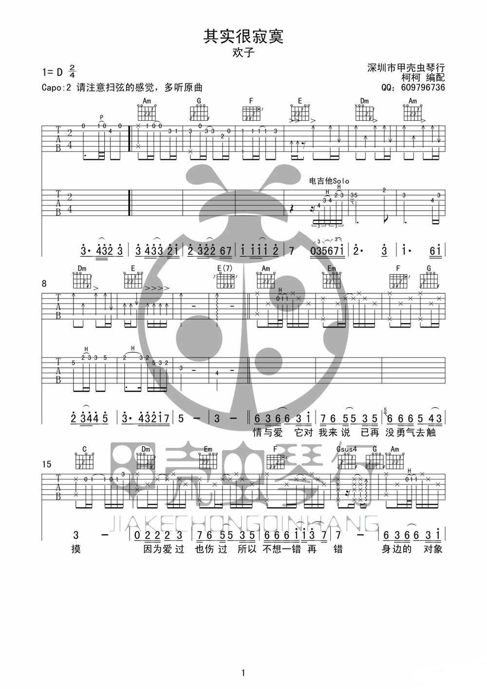 其实很寂寞吉他谱 D调附前奏_甲壳虫琴行编配_欢子