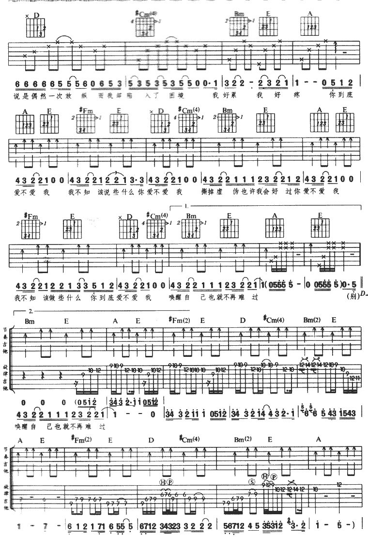 爱不爱我吉他谱 B调六线谱_风华艺校编配_零点乐队