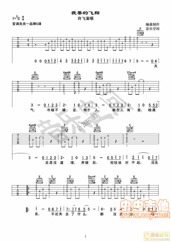 我要的飞翔吉他谱 G调六线谱_虫虫吉他编配_许飞
