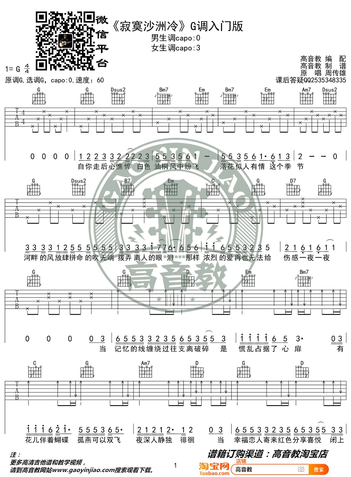 寂寞沙洲冷吉他谱 G调入门版_高音教编配_周传雄