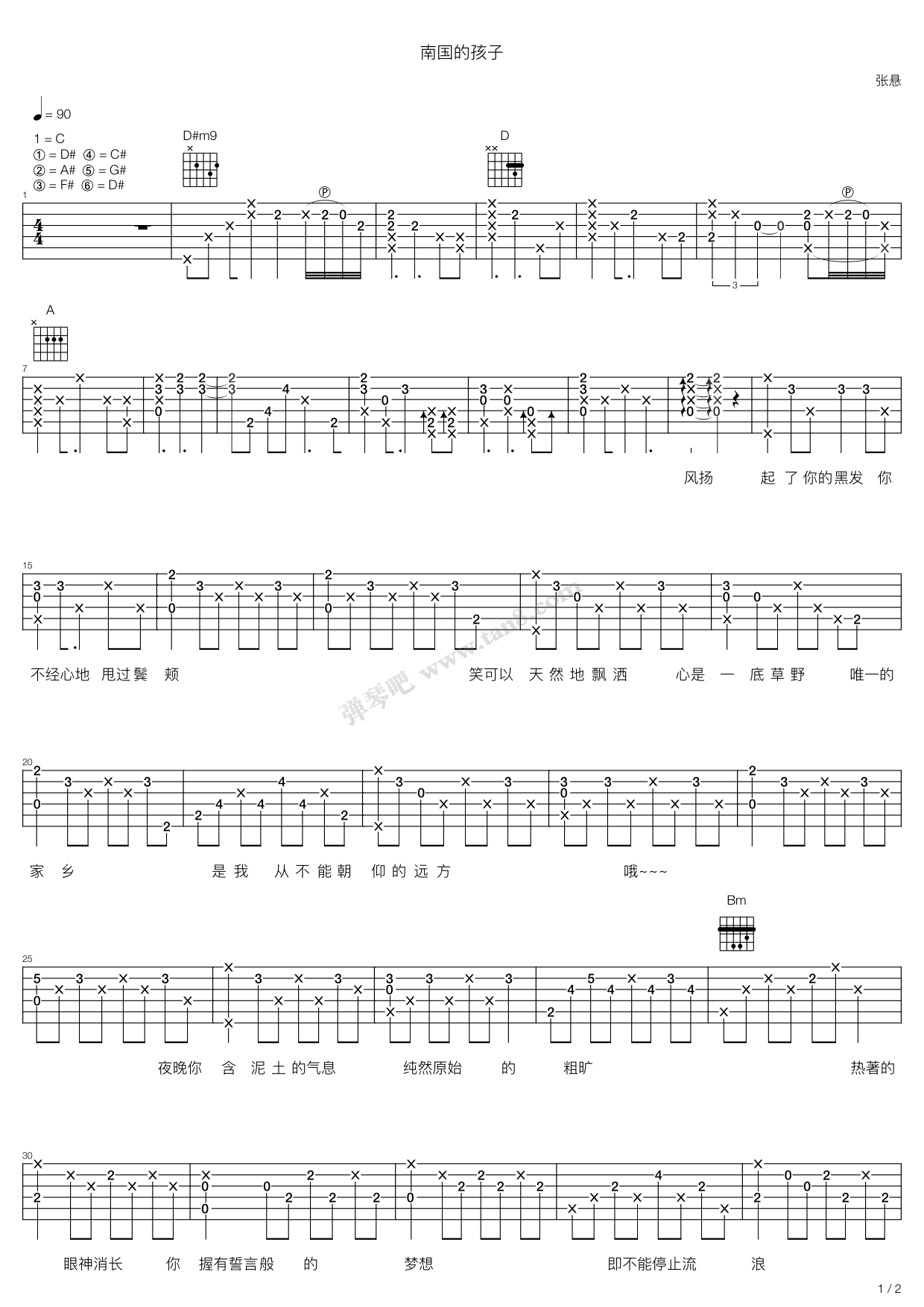 南国的孩子吉他谱 C调附前奏_弹琴吧编配_张悬