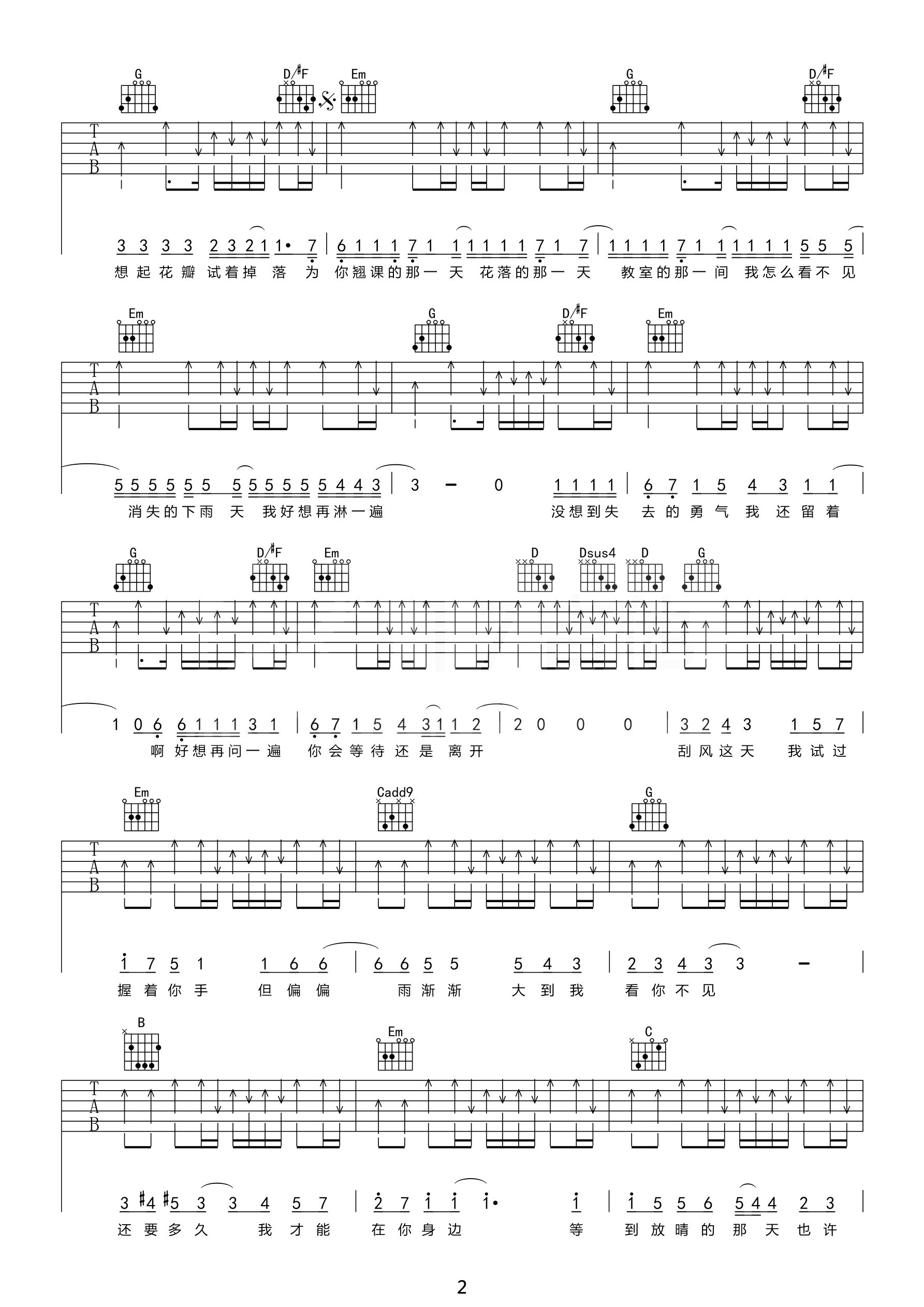 晴天吉他谱 G调高清六线谱_17吉他编配_周杰伦