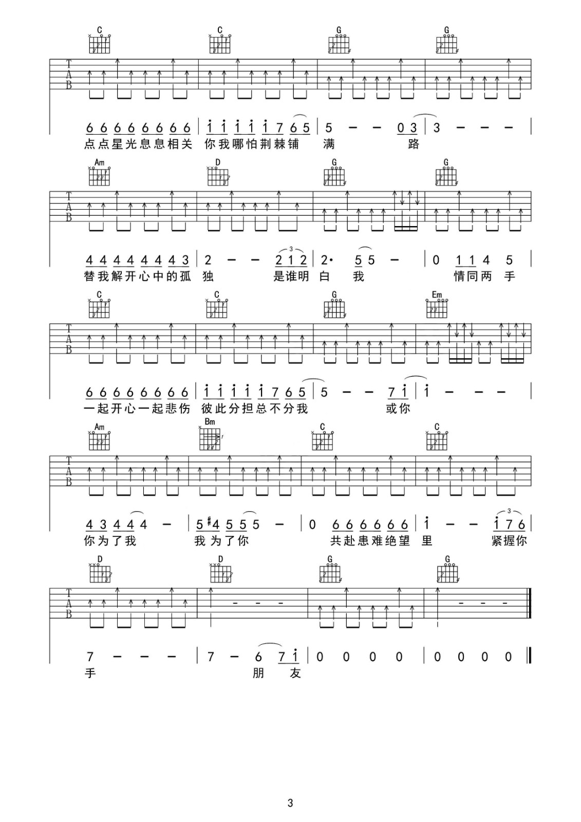 朋友吉他谱 D调六线谱_简单吉他编配_谭咏麟