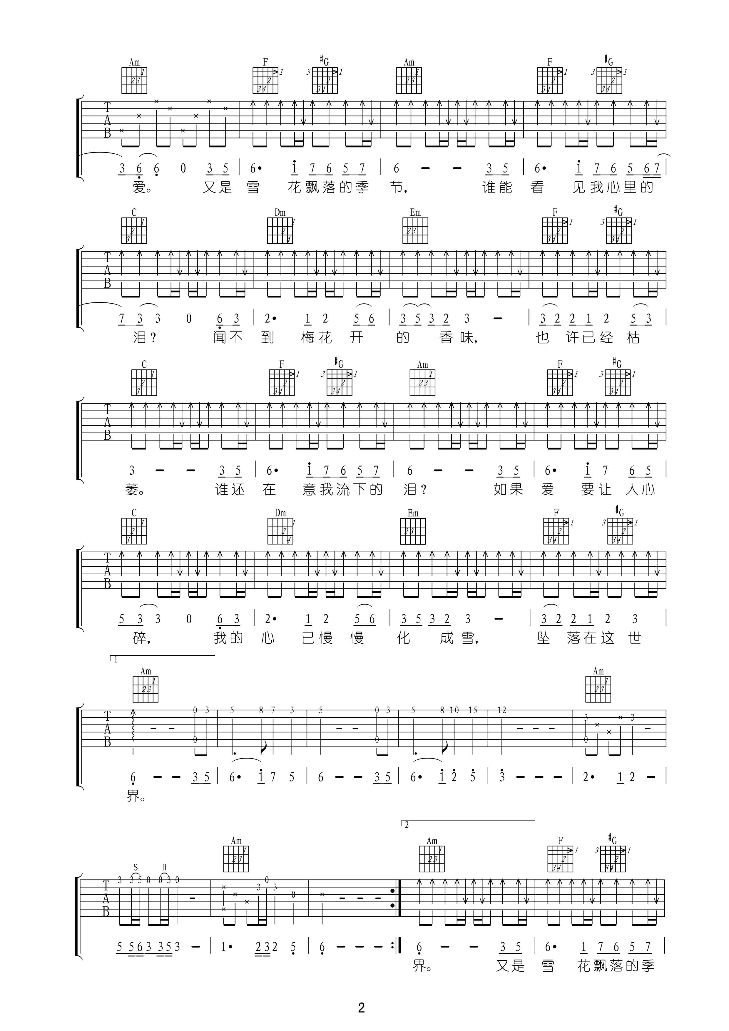 谁在意我流下的泪吉他谱 C调附前奏_王玺编配_蒋雪儿