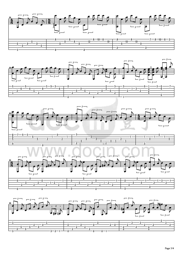 回忆指弹谱 原调六线谱_豆丁网_南征北战