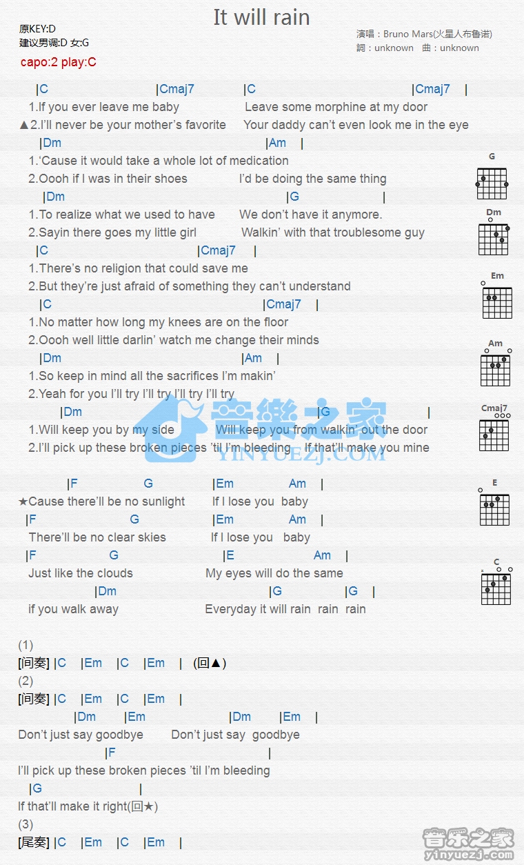 it will rain吉他谱 C调和弦谱_音乐之家编配_Bruno Mars