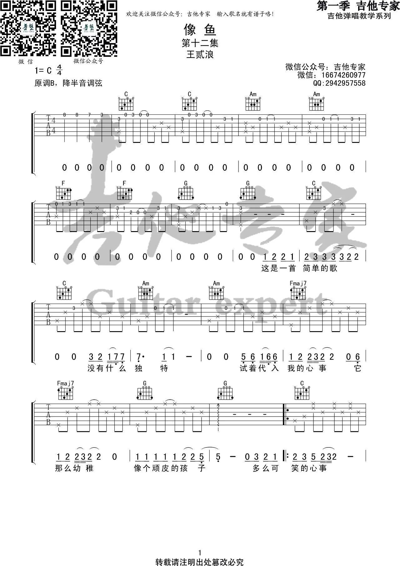 像鱼吉他谱 C调简单版_音艺吉他编配_王贰浪