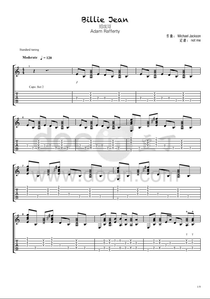 billie jean指弹谱 原调六线谱_豆丁网编配_郑成河