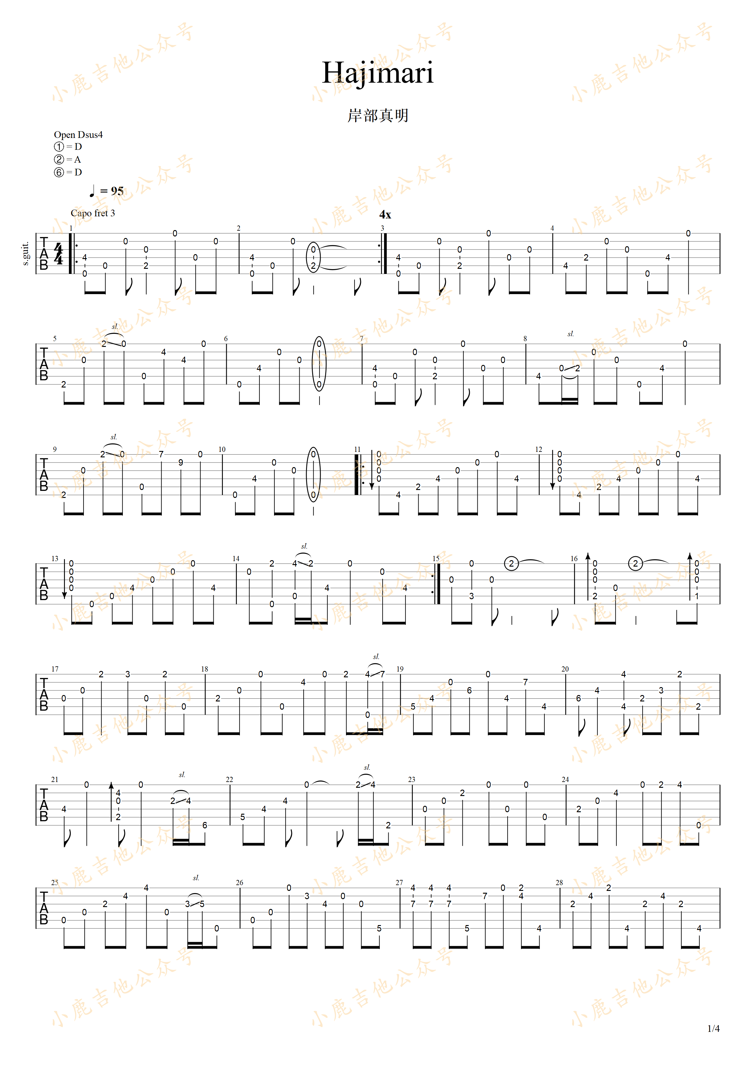 Hajimari-岸部真明指弹吉他谱（小鹿吉他）
