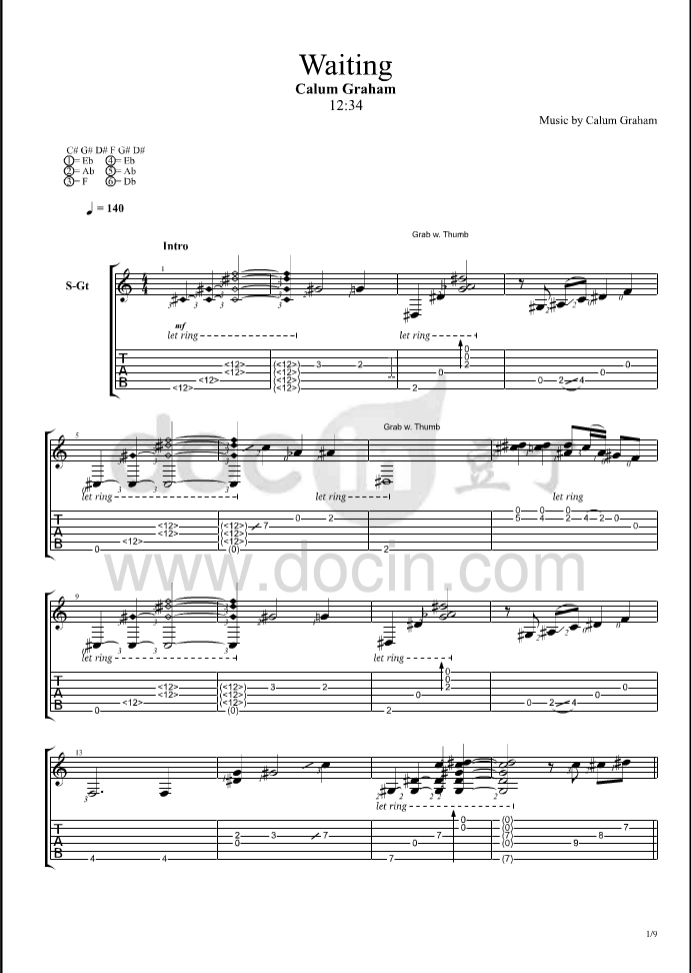Waiting指弹谱 B调六线谱_豆丁网编配_Calum Graham