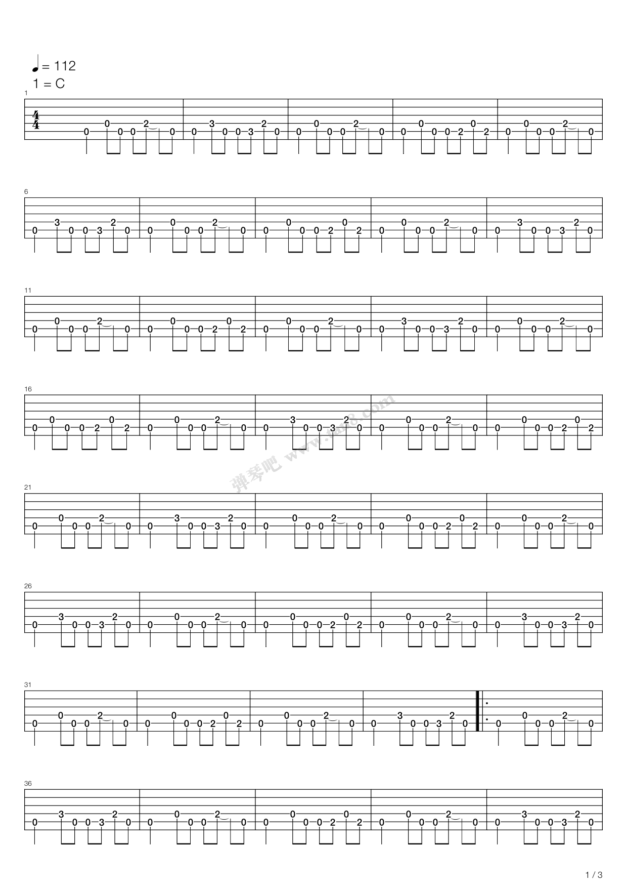 雁栖湖指弹谱 C调六线谱_弹琴吧编配_谢天笑