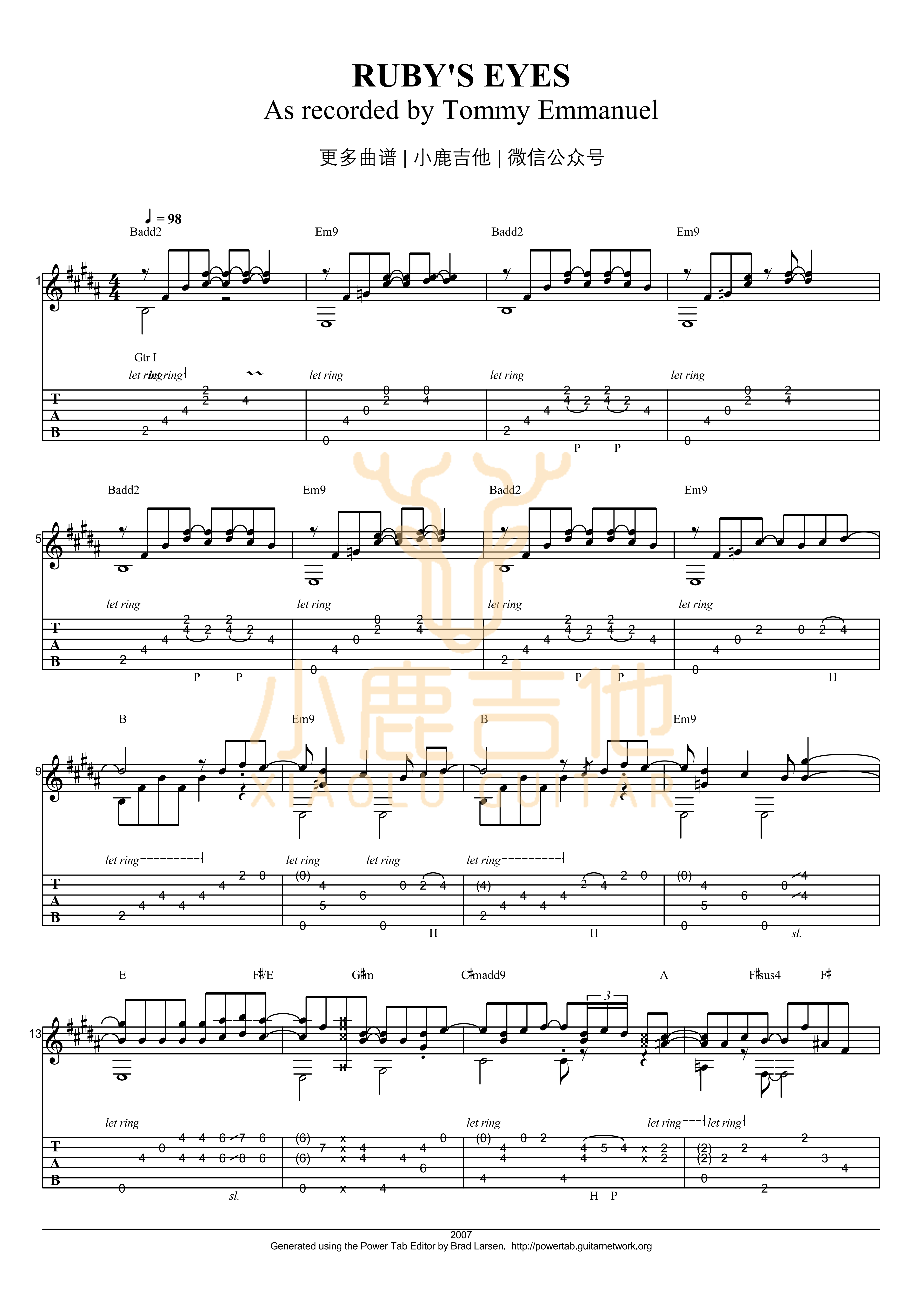 Ruby's eyes-Tommy Emmanuel指弹吉他谱（小鹿吉他）