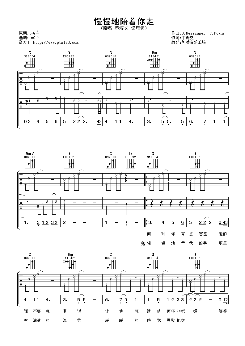 慢慢地陪着你走吉他谱 G调六线谱_阿潘音乐工场编配_梁雁翎