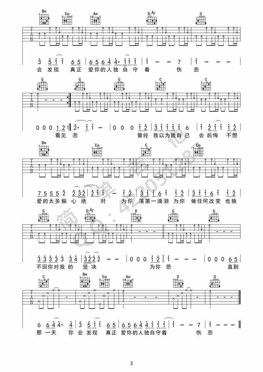 痴心绝对吉他谱 G调附前奏_简单吉他编配_李圣杰