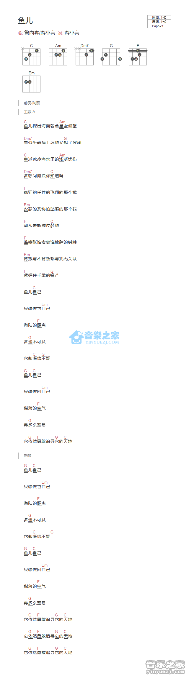 鱼儿吉他谱 C调和弦谱_音乐之家编配_鲁向卉
