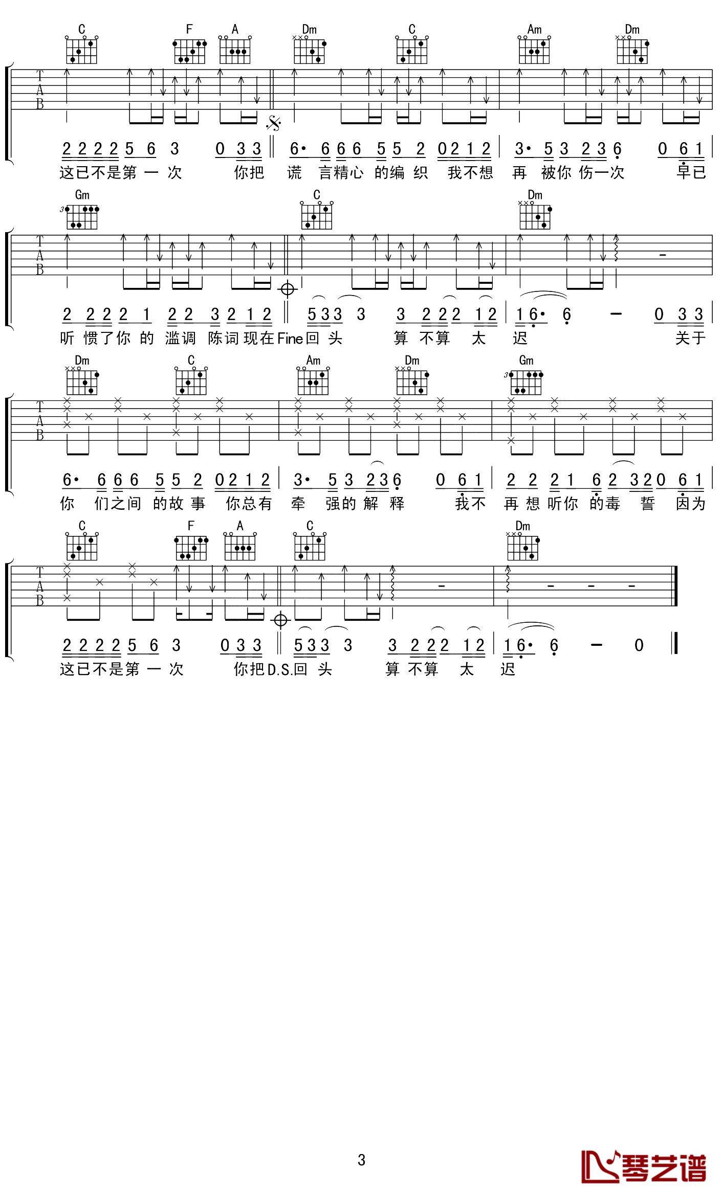 伤心城市吉他谱 F调附前奏_琴艺谱编配_冷漠