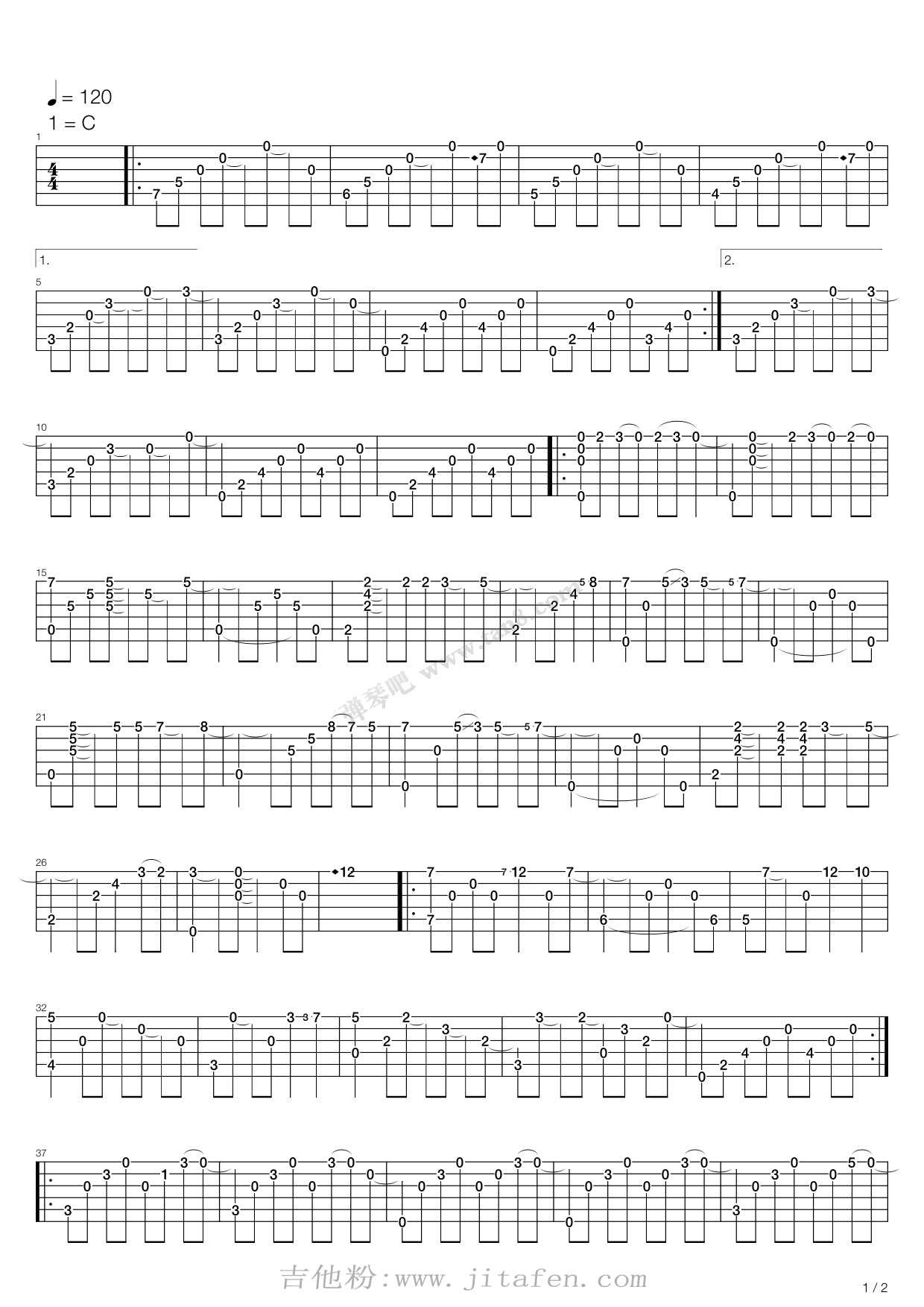 暮秋吉他指弹谱 C调六线谱_弹琴吧编配_黄家伟