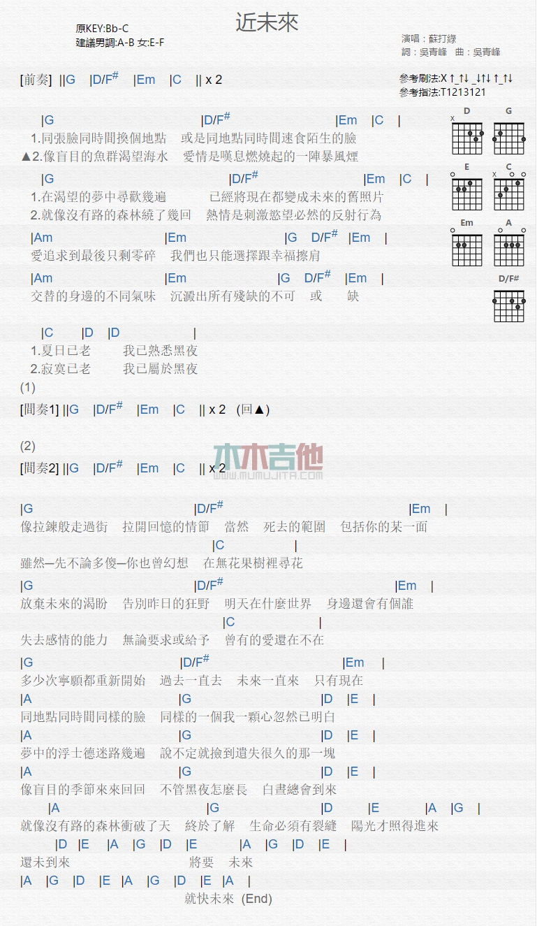 近未来吉他谱 C调和弦谱_木木吉他编配_苏打绿
