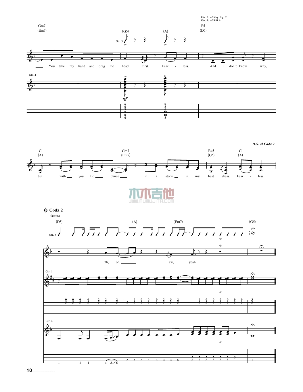 fearless吉他谱 A调女生版_木木吉他编配_Taylor Swift