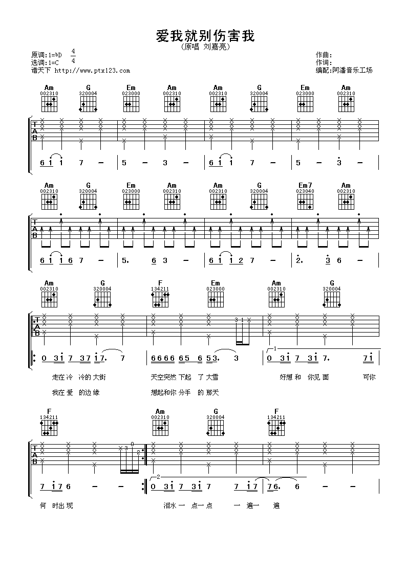 爱我就别伤害我吉他谱 C调简单版_阿潘音乐工场编配_刘嘉亮