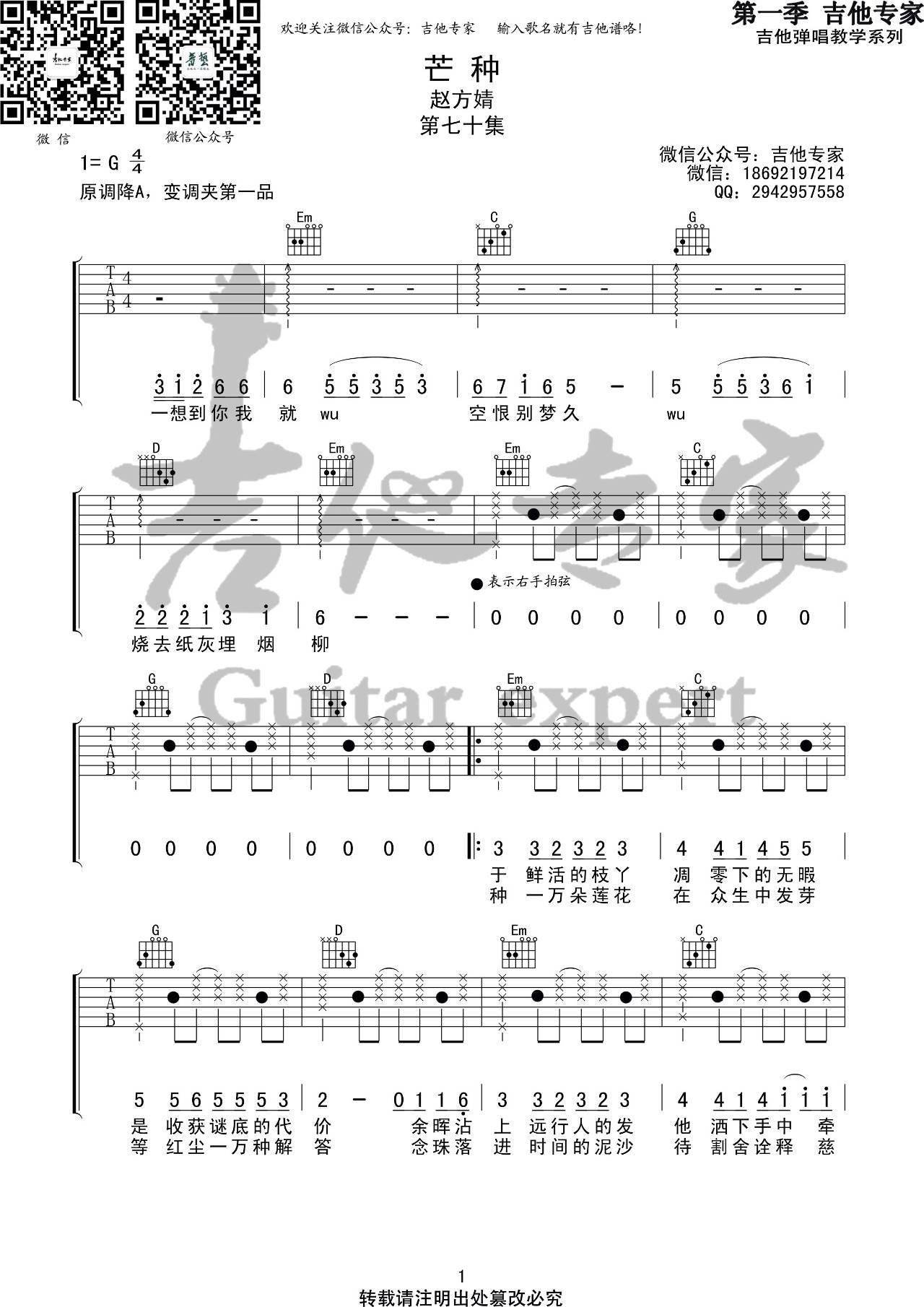 芒种吉他谱 G调六线谱_音艺吉他编配_赵方婧