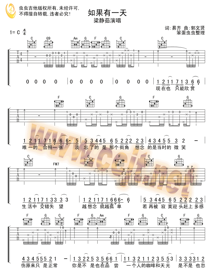 如果有一天吉他谱 C调六线谱_虫吉他编配_梁静茹