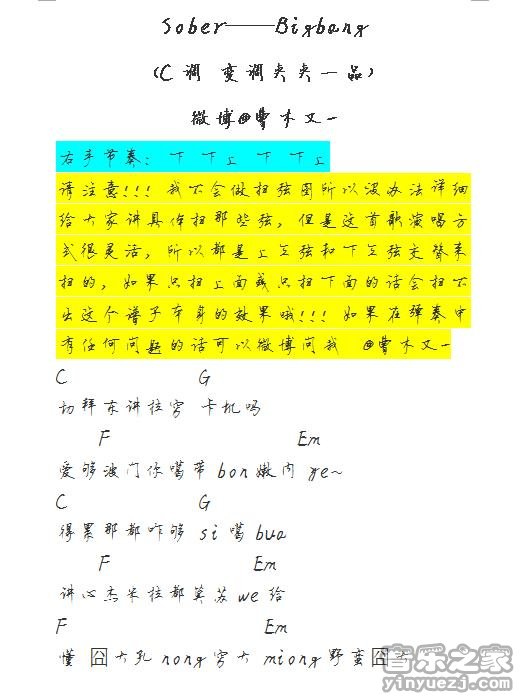 sober吉他谱 C调和弦谱_音乐之家编配_BigBang