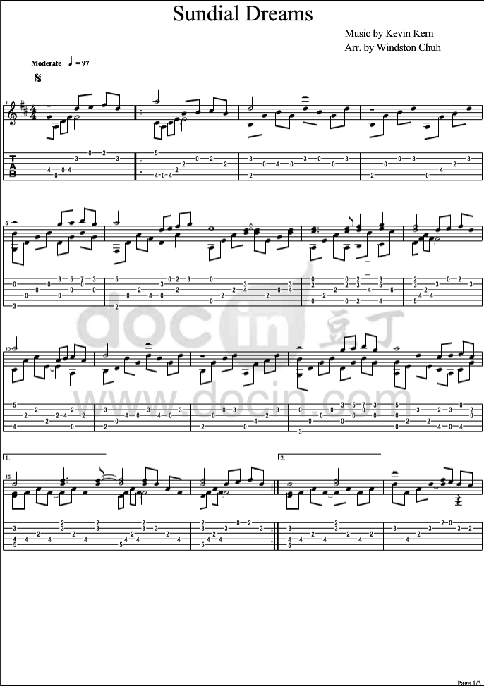 Sundial Dreams指弹谱 C调六线谱_豆丁网编配_Kevin Kern