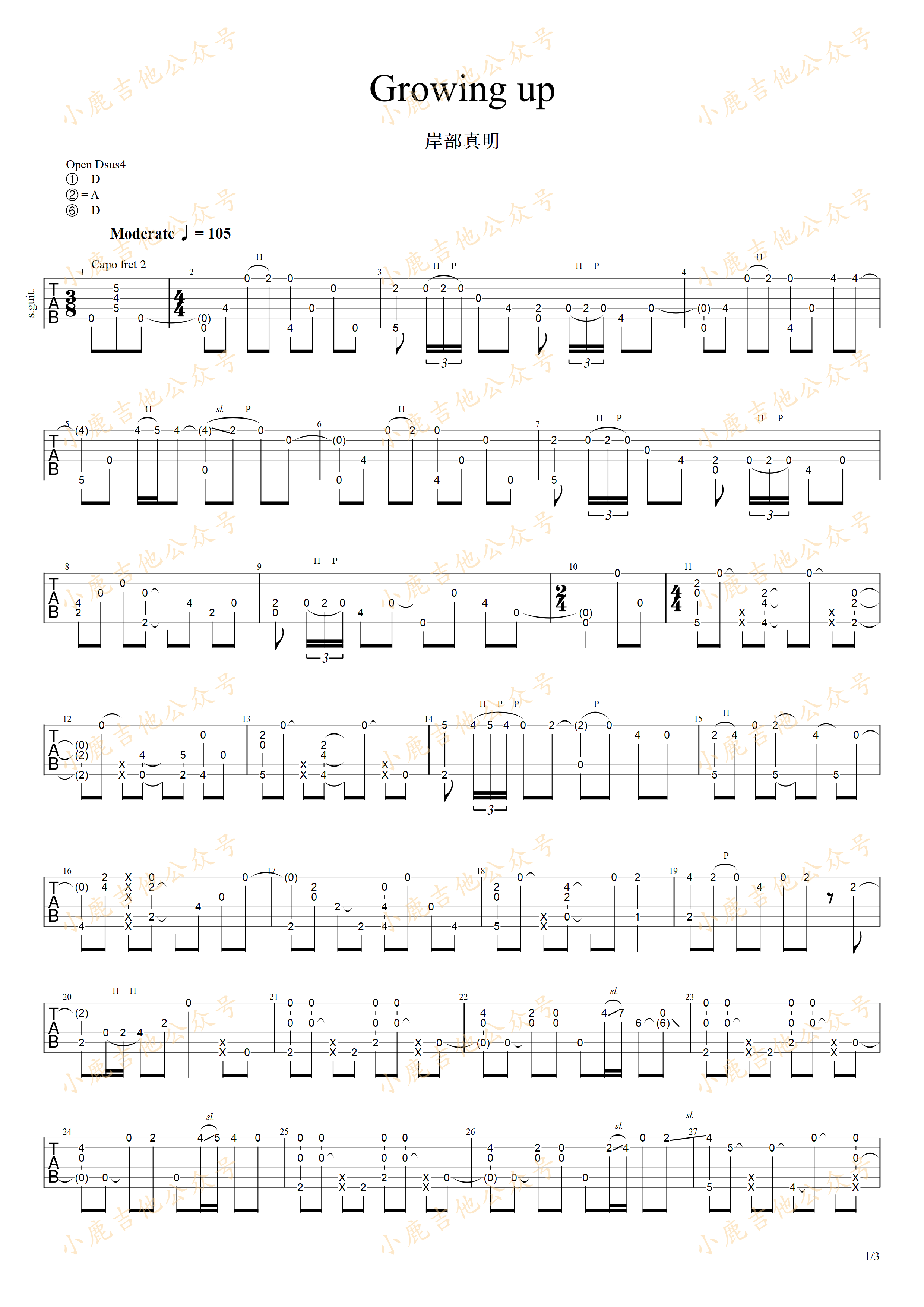 Growing up-岸部真明指弹吉他谱（小鹿吉他）