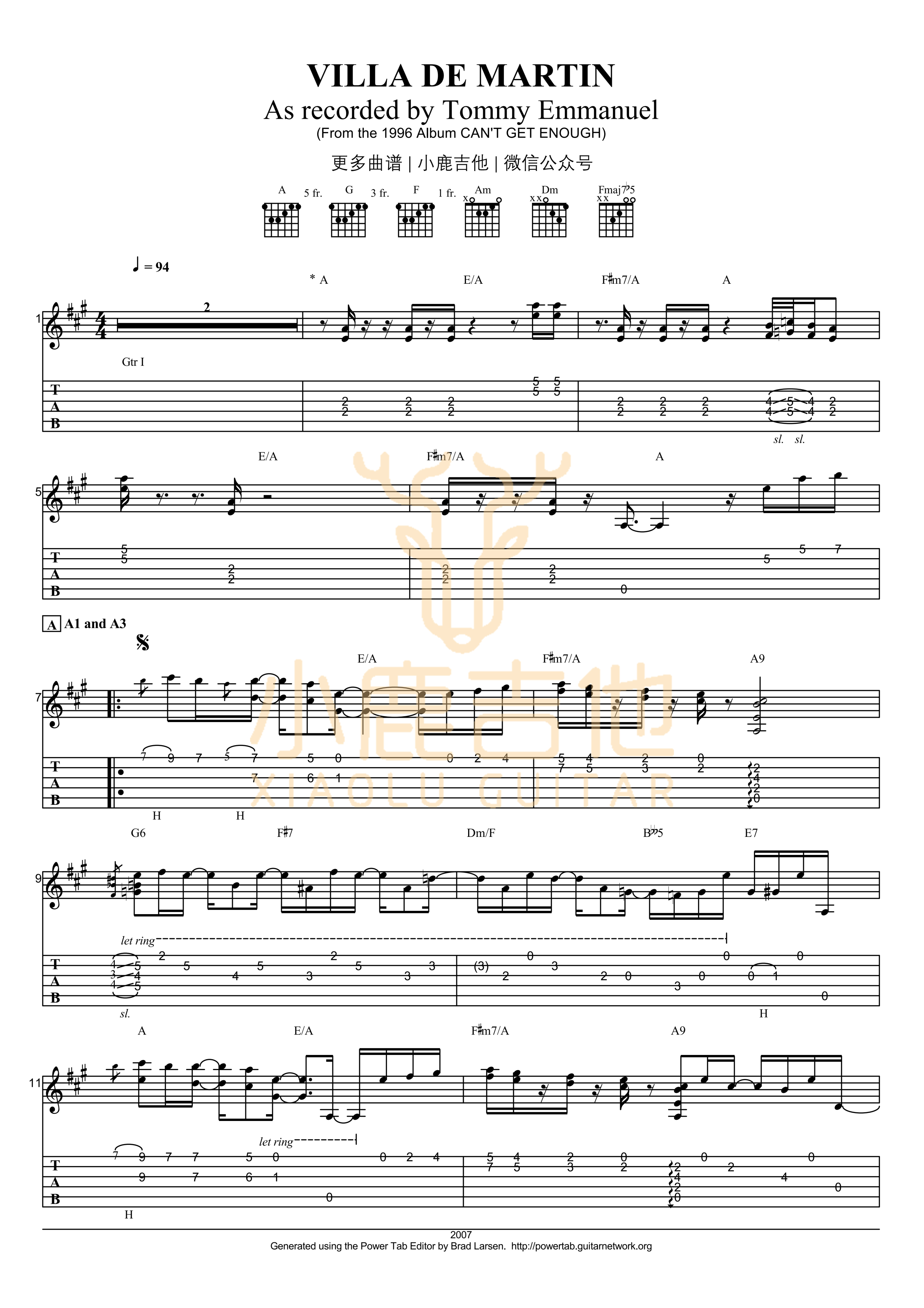 VILLA DE MARTIN-Tommy Emmanuel指弹吉他谱（小鹿吉他）