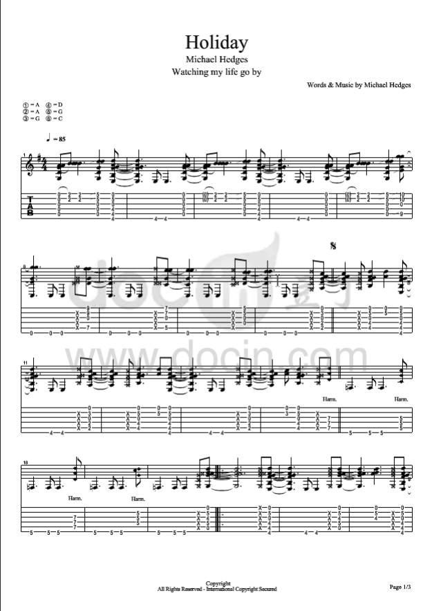 Holiday指弹谱 原调六线谱_豆丁网编配_Michael.Hedges