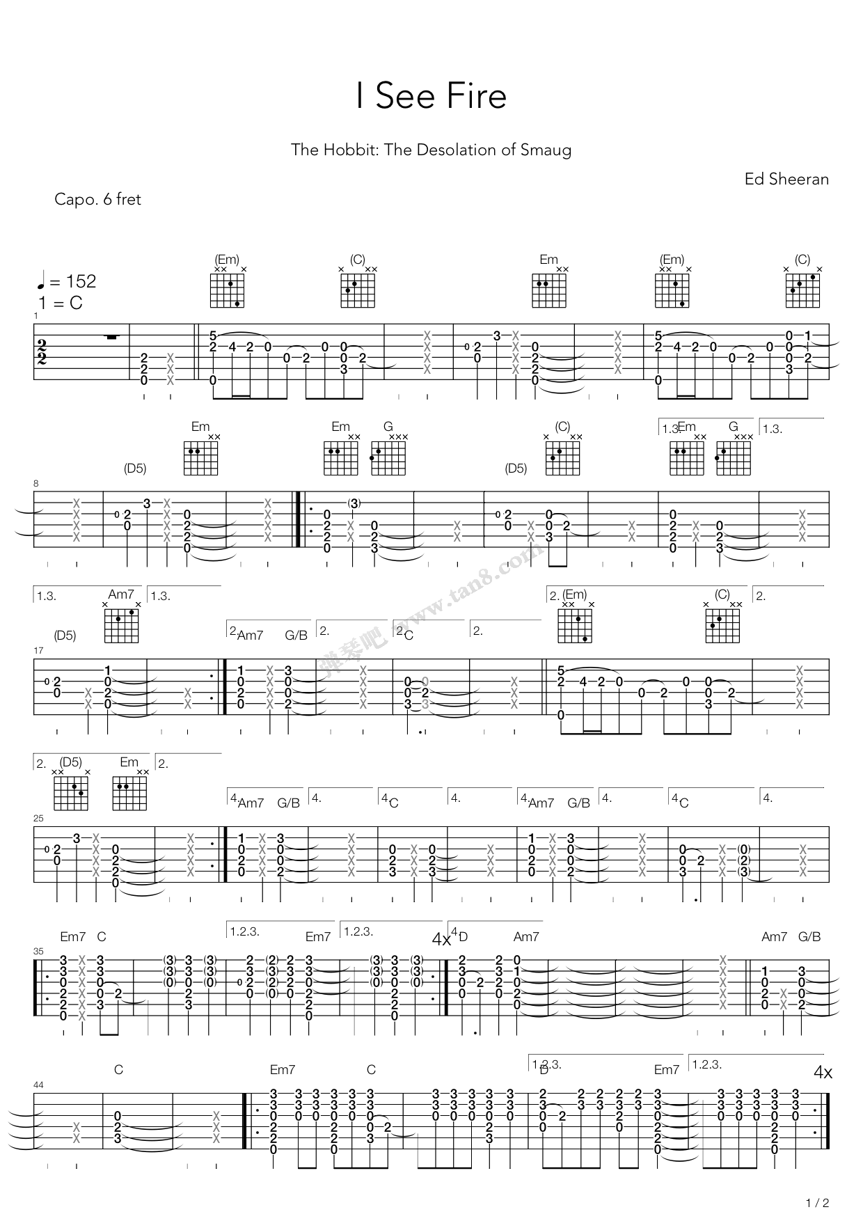 I See Fire吉他指弹谱 C调_弹琴吧编配_ed sheeran