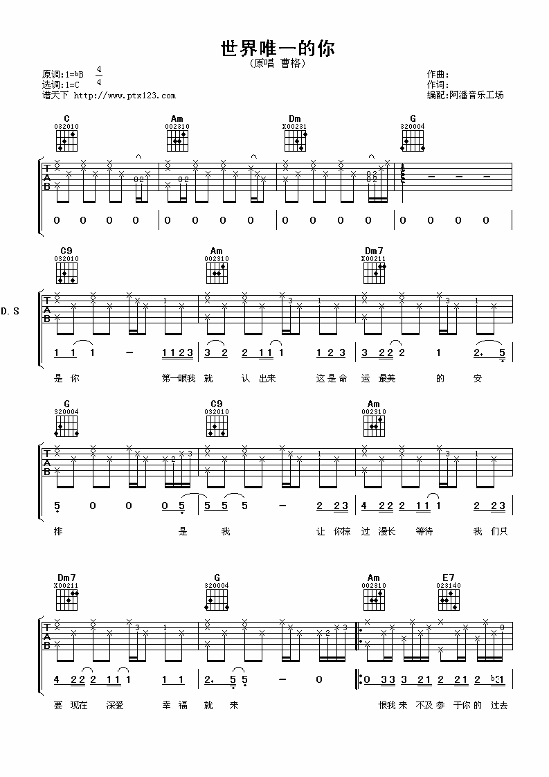 世界唯一的你吉他谱 C调六线谱_阿潘音乐工厂编配_曹格