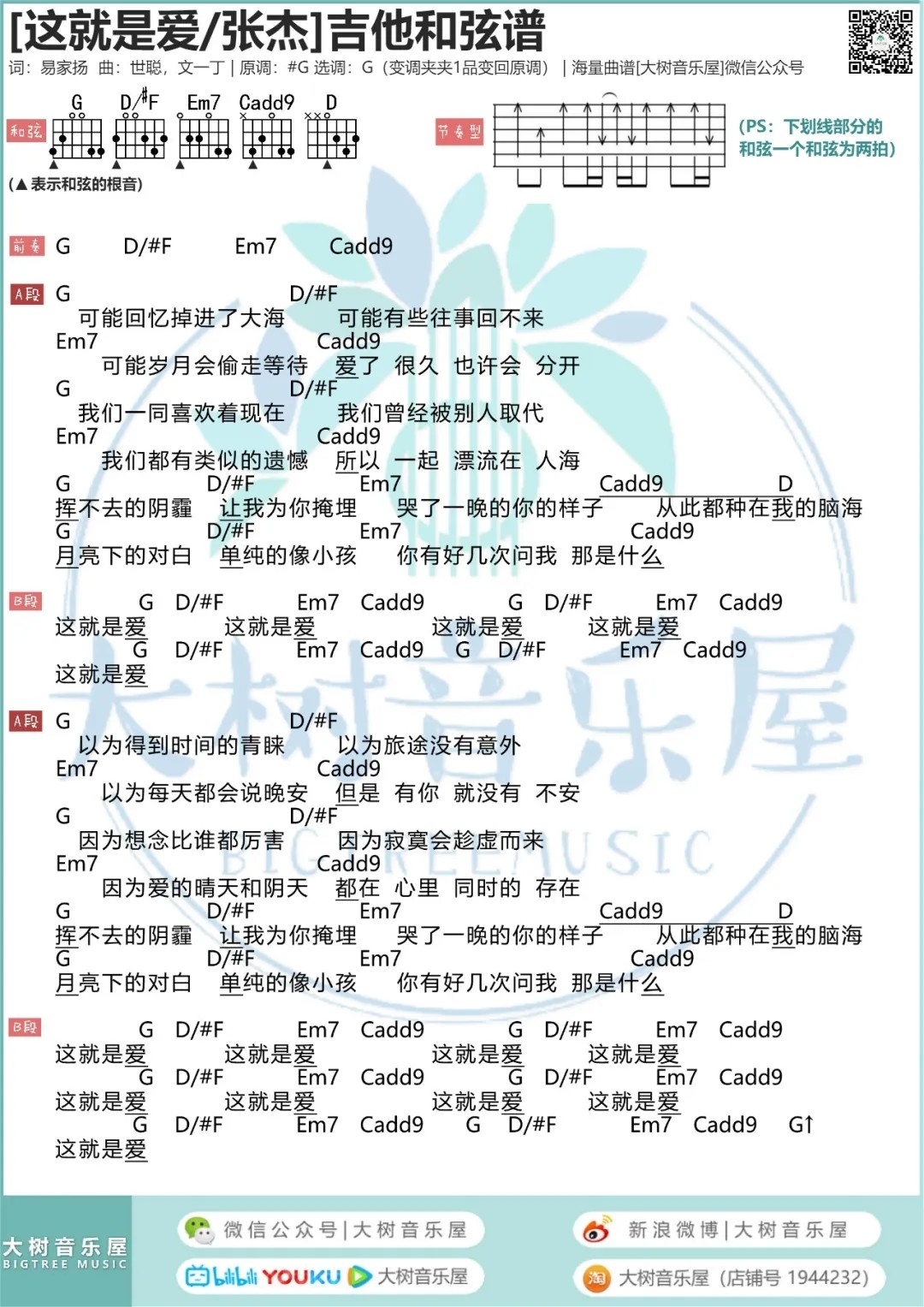 这，就是爱吉他谱 G调和弦谱_大树音乐屋编配_张杰