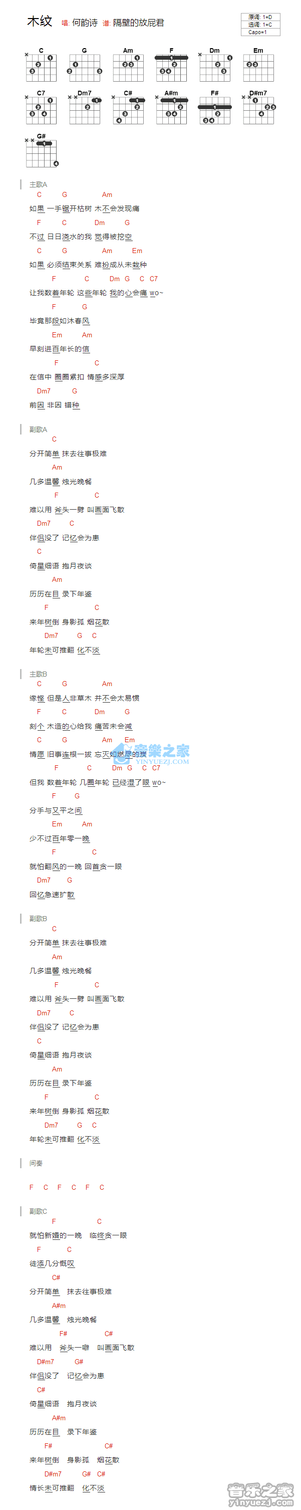 木纹吉他谱 C调和弦谱_音乐之家编配_何韵诗