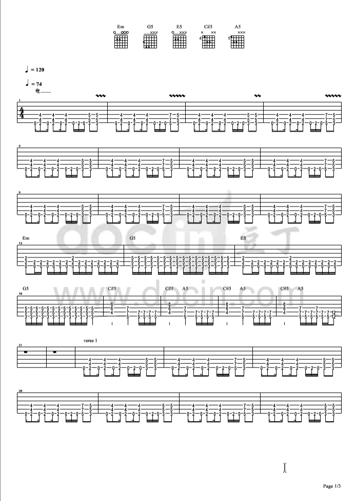 罪指弹谱 原调六线谱_豆丁网编配_beyond