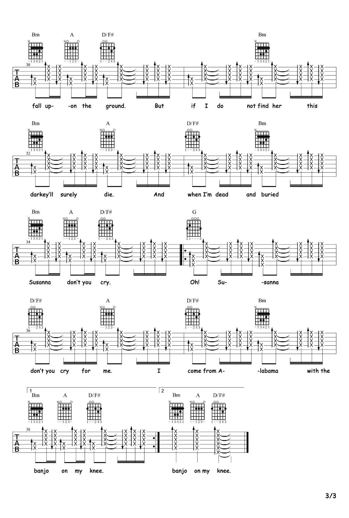 oh！Susanna哦！苏珊娜吉他谱 六线弹唱谱_乡村民谣_南音吉他小屋制谱
