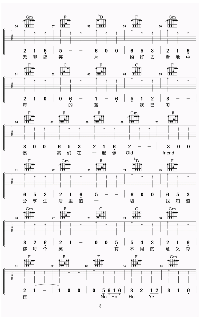 每天每天吉他谱 F调六线谱_简单版_方大同