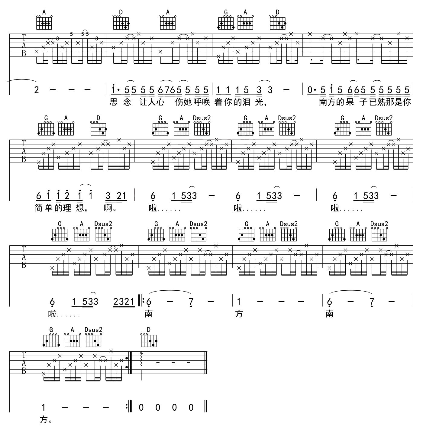 南方姑娘吉他谱 D调高清版_天籁琴行编配_赵雷
